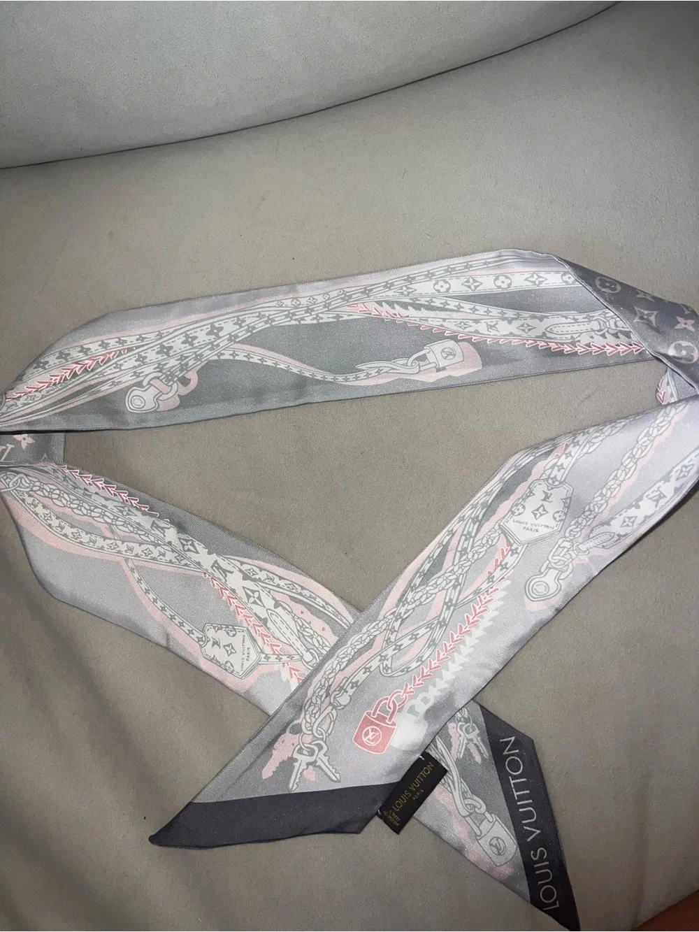 Louis Vuitton Pink & Gray Monogram Silk Bandeau Scarf